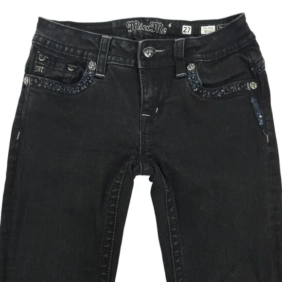 Miss Me Jeans Mid Rise Skinny Black Size 27 Stretch Studs Rhinestones Sequins - Picture 4 of 16